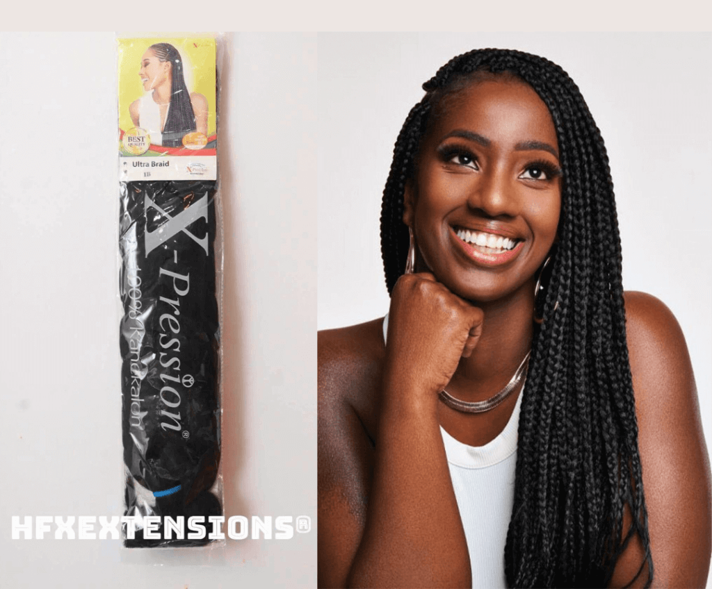 Smiling woman with braids made from x-pression ultra braids